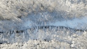 Pure nature of Finland, Frozen river forest landscape on a winter morning, Aerial drone video