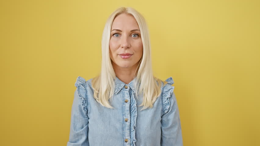 Cheery young blonde beauty in denim shirt, exuding cool confidence, beaming with lucky smile - isolated on yellow