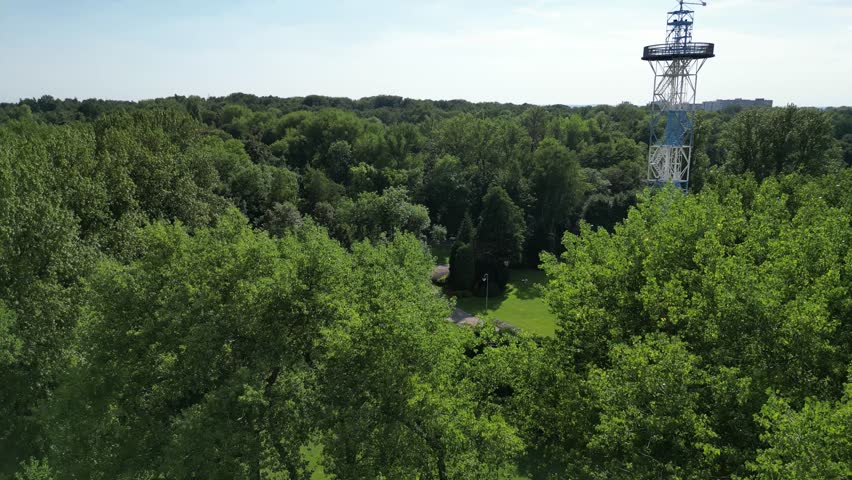 Aerial Viev of Blue and White Parachute Tower with Horizon Line