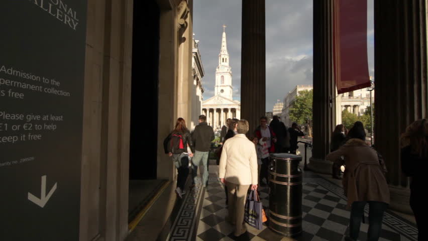 LONDON - OCTOBER 7, 2011: Panning shot from the entrance of the National Gallery