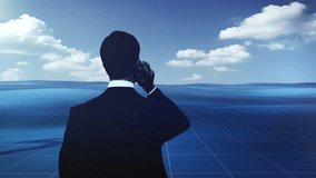 Businessman on the phone in front of a 3D animated financial graph, in a stylized outdoor environment. Mix CG and video. 4K Animation