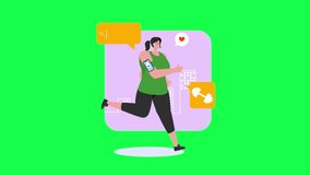 Woman listening to podcast while jogging Animated Illustration with Green Screen Background