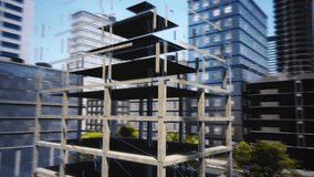 Tracking 360 Aerial Drone Footage From Megapolis City Construction Site: 3D VFX Visualization Of Modern Skyscraper Being Built. Digitalization Of New Real Estate Development Project, Urban Design. - Powered by Shutterstock - Get 15% off with code: PIKWIZARD15