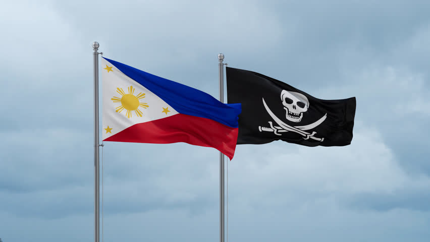 Philippines flag and Corsair flag waving together on cloudy sky, endless seamless loop