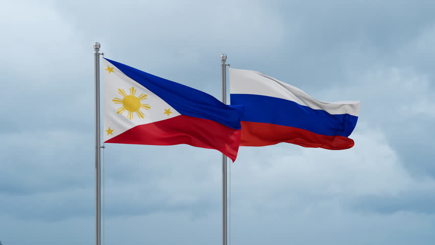 Russian Federation and Philippines flag waving together on cloudy sky, endless seamless loop Royalty-Free Stock Footage #3469004573