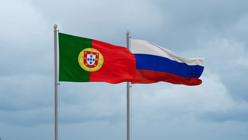 Russian Federation and Portugal flag waving together on cloudy sky, endless seamless loop Royalty-Free Stock Footage #3469020971