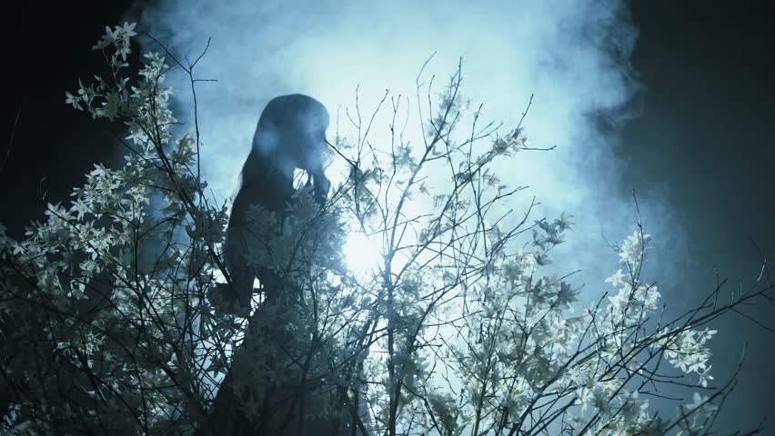 dark silhouette ghost fantasy woman goes to bright neon blue moon light ray in black night forest glow fog tree flowers. Mystery sexy lady Gothic fairy elf Girl fashion model. magic smoke mist art 4k