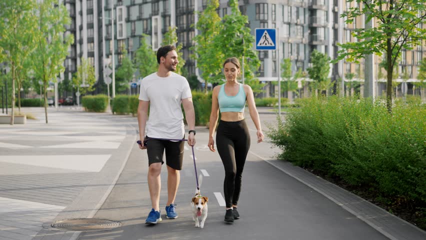 A positive sportive family spend leisure outdoors, walks and steps in unison with pet, a Jack Russell Terrier dog, on a warm summer day in the city park area. The concept of friendship and