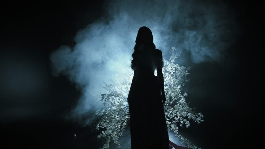 dark silhouette ghost fantasy woman goes to bright neon blue moon light ray in black night forest glow fog tree flowers. Mystery sexy lady Gothic fairy elf Girl fashion model. magic smoke mist art 4k