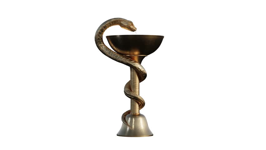4K Caduceus Medical Symbol - Bowl Of Hygieia isolated gold looped rotating video on white background