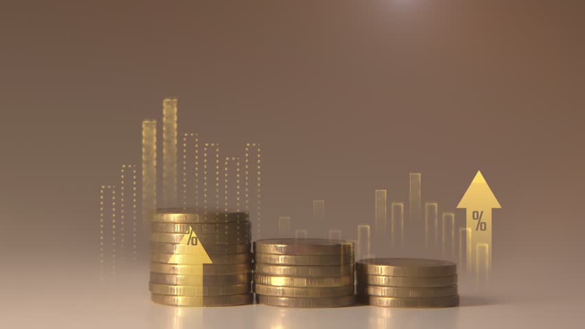 Making money. Growing graphs in the form of arrows and a diagram of increasing coins. Business and finance. Inflation and rising prices. Cash. Cg