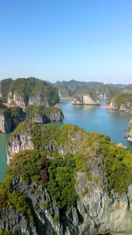 Aerial view of scenic limestone rocky islands on Ha Long Bay in Vietnam. 