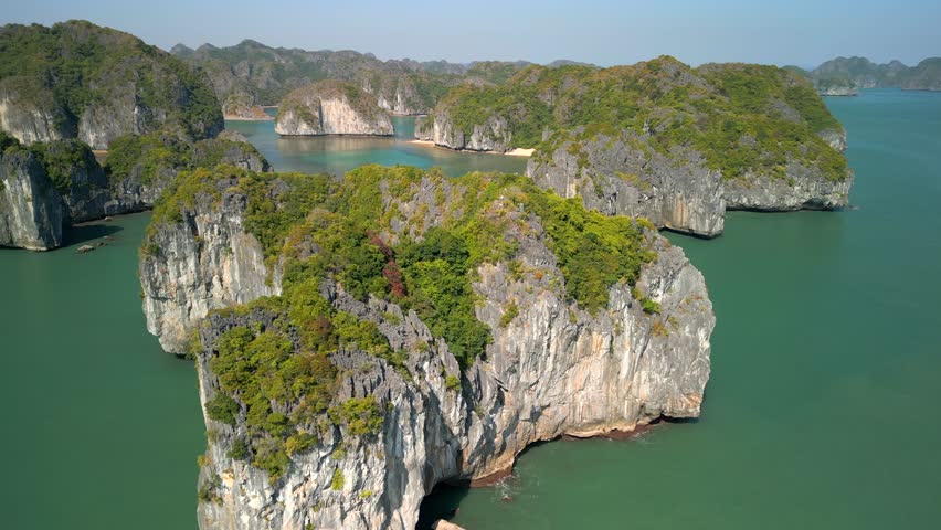 Aerial view of scenic limestone rocky islands on Ha Long Bay in Vietnam. 