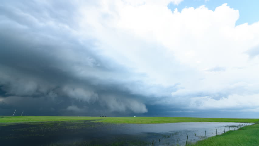 Shelf cloud moves through a flooded Texas Panhandle. Royalty-Free Stock Footage #3469257745