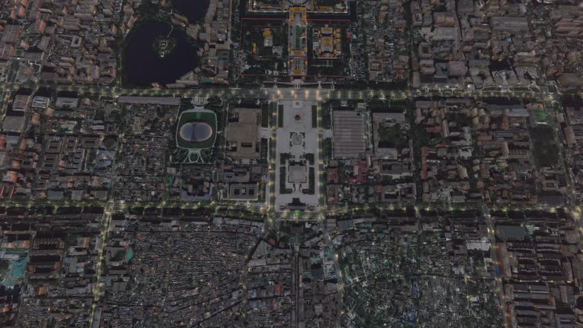 3D - Top aerial nighttime drone view of Forbidden City in Beijing. China