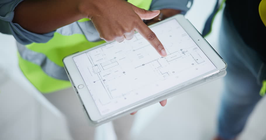 Architect, hand and tablet with blueprint with teamwork for building, project planning or technology. Construction worker, person and online floor plan or internet sketch, brainstorming or contractor