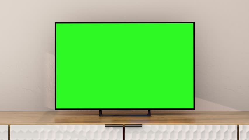 Smart TV with Green Screen for Chroma Key. Mock Up of Empty Television Display with Greenscreen for Chromakey on White Color of Room Background. Presentation of New Home Object with Horizontal View