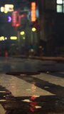 The wet streets of an Asian city glisten under the bright neon lights, reflecting the colors as the city is enveloped in the tranquility of a quiet, rainy night.