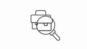 Job search line animation. Briefcase observation animated icon. Magnifier moving, zooming in. Employee recruitment. Black illustration on white background. HD video with alpha channel. Motion graphic