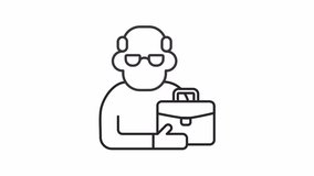 Old worker employment line animation. Diversity job application animated icon. Briefcase opening, documents showing. Black illustration on white background. HD video with alpha channel. Motion graphic