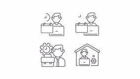 Freelancers animation set. Remote work animated line icons. Working from home. Online employment. Black illustrations on white background. HD video with alpha channel. Motion graphic