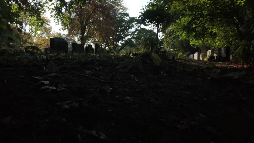 Low angle daytime exterior shot rising up from the ground showing gravestones in the background