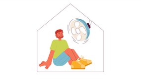 Stay inside 2D animation. Avoiding to leave home during hot weather 4K video motion graphic. Man using fan to cool down house at heat color animated cartoon flat concept, white background