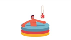 Get in water 2D animation. Cooling down at heatwave. Happy man chilling in inflatable pool 4K video motion graphic. Dealing with hot weather color animated cartoon flat concept, white background