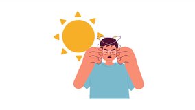 Sunstroke cartoon animation. Health damage. Overheating danger at hot weather 4K video motion graphic. Asian man suffering from heatstroke 2D color animated character isolated on white background