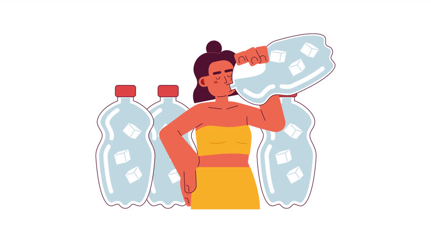Drink lot of water 2D animation. Woman drinking cold liquid with ice cubes 4K video motion graphic. Avoid dehydration at hot weather color animated cartoon flat concept, white background