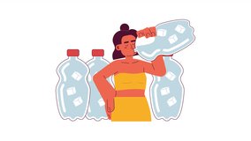 Drink lot of water 2D animation. Woman drinking cold liquid with ice cubes 4K video motion graphic. Avoid dehydration at hot weather color animated cartoon flat concept, white background