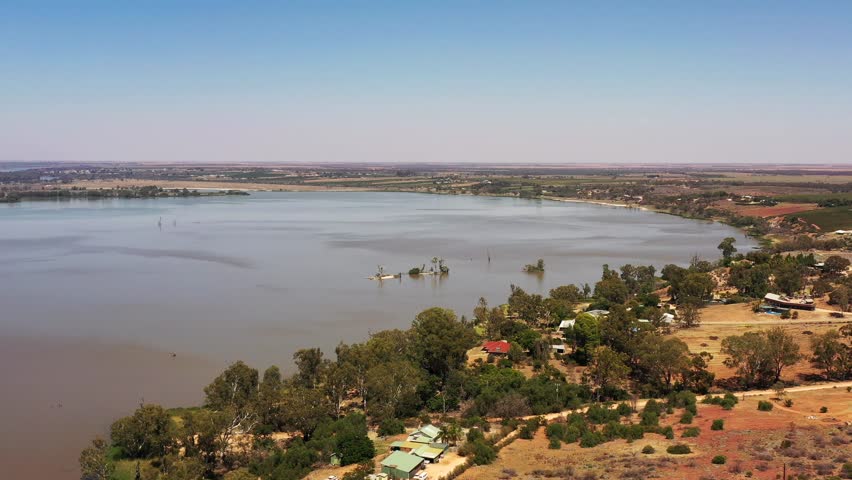 Wide freshwater Wachtels lagoon on Murray river in South Australia – aerial 4k flying.
