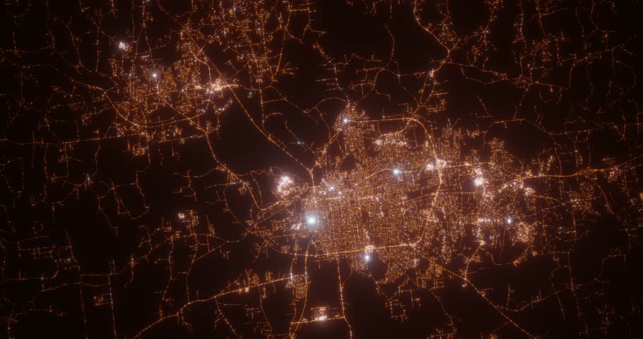 Montgomery (Alabama, USA) aerial view at night. Top view on modern city with glow effect. Camera is zooming out, rotating counterclockwise