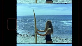 Vintage film clip of a portrait of a girl with a surfboard