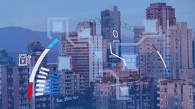 Animation of financial data processing over cityscape. Global business, finances, computing and data processing concept digitally generated video. - Powered by Shutterstock - Get 15% off with code: PIKWIZARD15