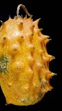 Vertical video. A halved Kiwano cucumber with spikes. It is rotating on a black background.