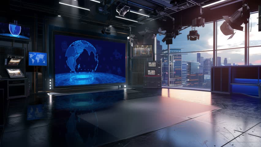 3D Virtual TV Studio News, Backdrop For TV Shows .TV On Wall.3D Virtual News Studio Background,3d illustration