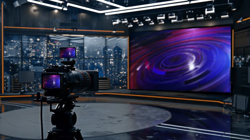 3D Virtual TV Studio News, Backdrop For TV Shows .TV On Wall.3D Virtual News Studio Background,3d illustration