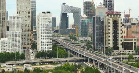 Oct 18,2017:timelapse,Aerial View of heavy traffic through BeiJing central business district,is located in the Chaoyang district,financial and business activities in China's capital.gh2_11820_4k