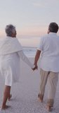 Vertical video of happy senior biracial couple embracing on sunny beach. healthy, active retirement beach holiday.
