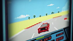 Pixel Race Game Animation Car Passing Opponents On Road To Finish Line. Vintage Gaming Animation Concept. Race Track In Video Game. Arcade Race Game Animation. Entertainment. Digital