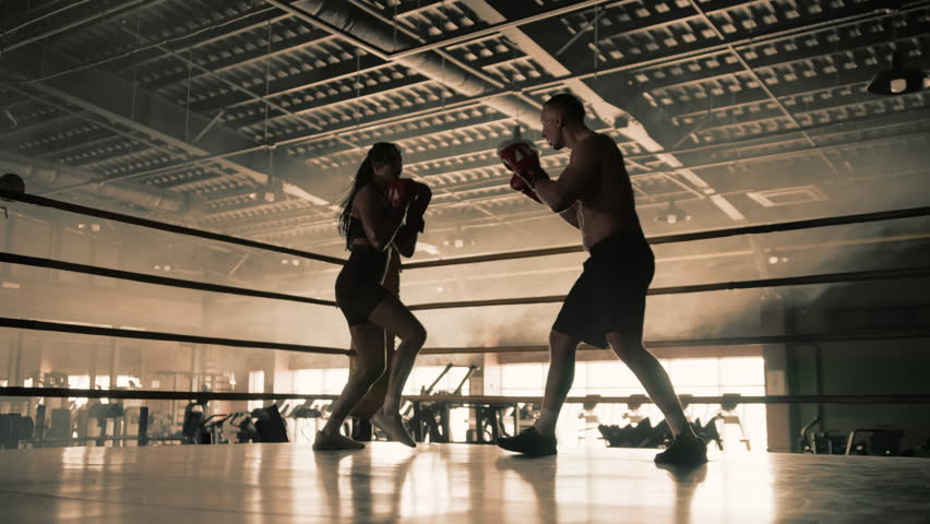 Captured in a serene gym atmosphere, a female and male boxer train together, perfecting their punches with a display of focus, coordination, and mutual dedication to the sport of boxing. Camera 8K RAW Royalty-Free Stock Footage #3469717437