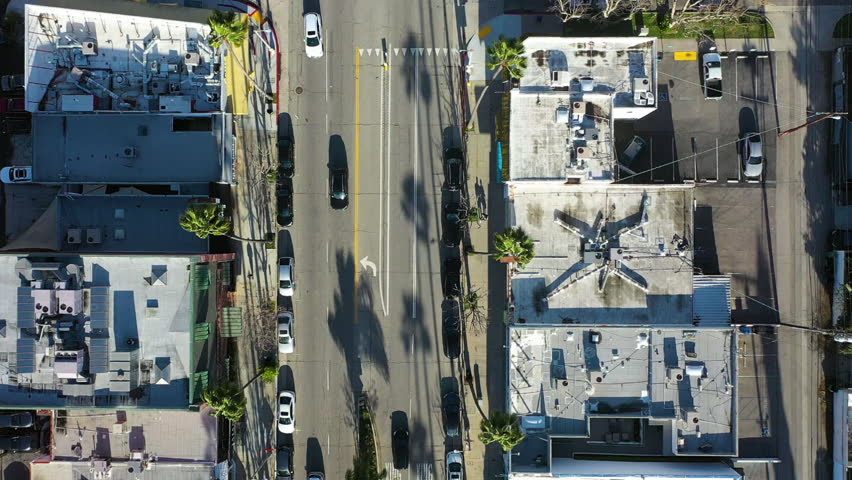 Top down drone shot above the Ventura boulevard in sunny Los Angeles, USA