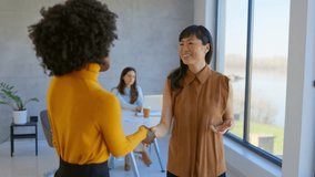 4k video footage of a group of businesspeople shaking hands in an office. Business people, handshake in office for business woman. Partnership, shaking hands and team  hands in support.  Success 