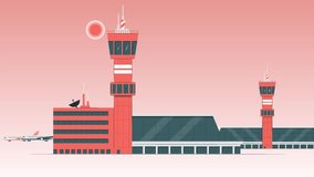 Airport animation with airplane take off on background 