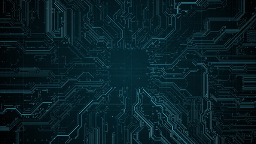 Animated circuit board. Digital technology background. Central computer processor CPU concept. Motherboard digital chip. PCB with free copy space for text or logo. Development 3D abstract backdrop