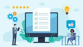 Flat design animation depicting a form appearing on a monitor screen. There are people working next to the monitor. And around the screen appear icons, acceptance, five stars, light bulb and cog. - Powered by Shutterstock - Get 15% off with code: PIKWIZARD15