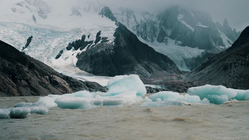 Icebergs At Laguna Torre In Cerro Torre Mountains In El Chalten, Argentina. Slow Motion Shot