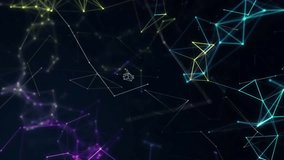 Animation of network of connections with icons on dark background. Global finance, business, connections, computing and data processing concept digitally generated video.