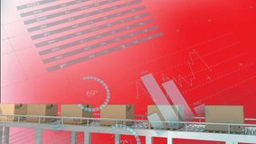 Animation of financial data processing over cardboard boxes on conveyor belt. Global finance, business, connections, computing and data processing concept digitally generated video. - Powered by Shutterstock - Get 15% off with code: PIKWIZARD15